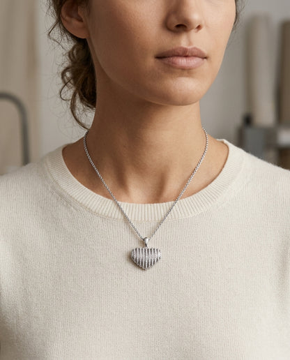 Diamond Pave Cage Bars Heart Pendant In 18k White Gold — editorial close-up