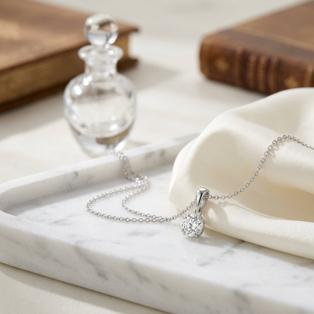 Diamond Round Solitaire Pendant (0.75ct) In 18k White Gold, 16 Inch — atelier still life