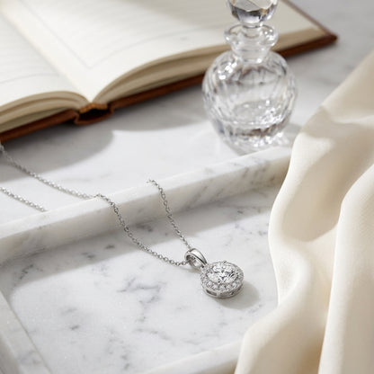 Diamond Round Halo Pendant With Tapered High-polish Bail In 18k White Gold, Gia-certified, 16-inch Chain — atelier still life