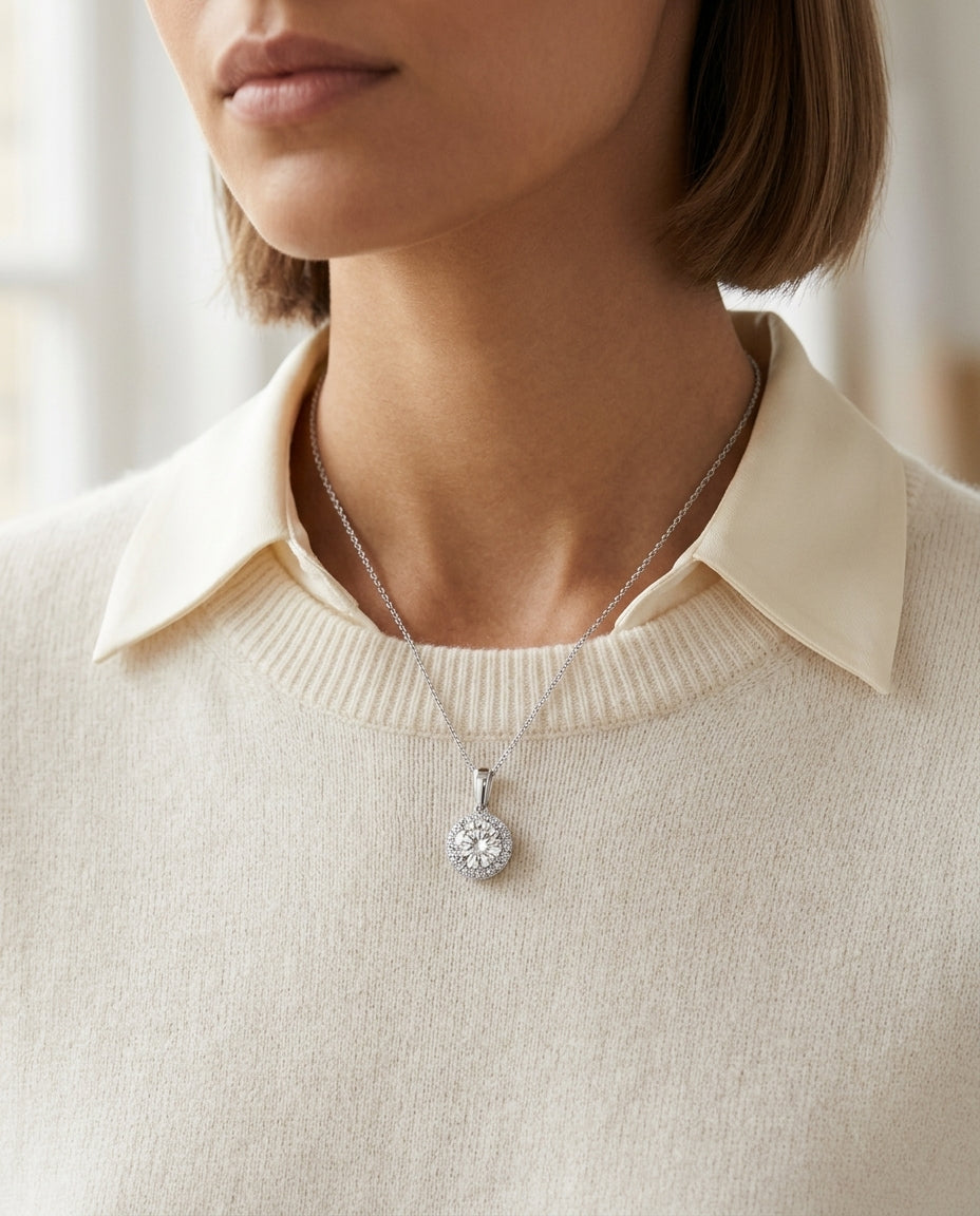 Diamond Round Halo Pendant With Tapered High-polish Bail In 18k White Gold, Gia-certified, 16-inch Chain — editorial close-up