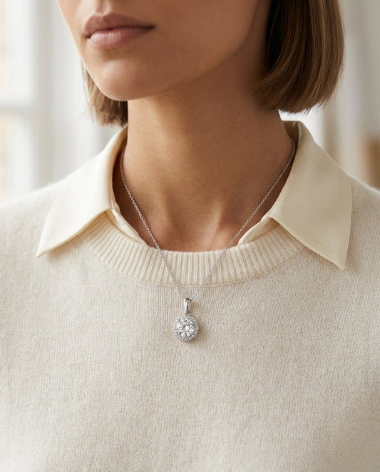 Diamond Round Halo Pendant With Tapered High-polish Bail In 18k White Gold, Gia-certified, 16-inch Chain — editorial close-up