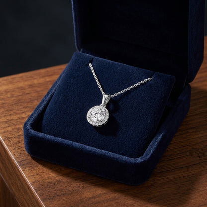 Diamond Round Halo Pendant With Tapered High-polish Bail In 18k White Gold, Gia-certified, 16-inch Chain — gift presentation