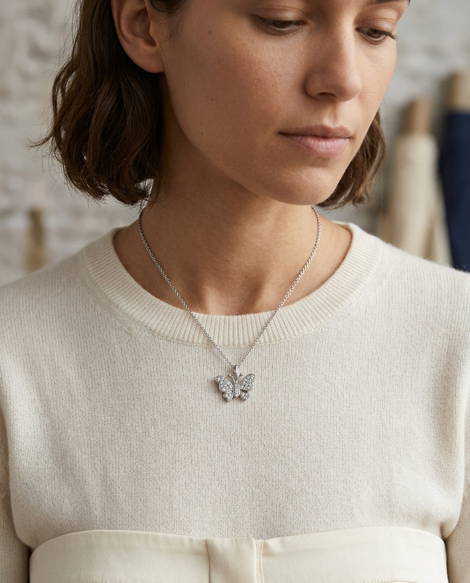 Pave Diamond Butterfly Pendant In 18k White Gold (1/6 Ct.tw.) — editorial close-up