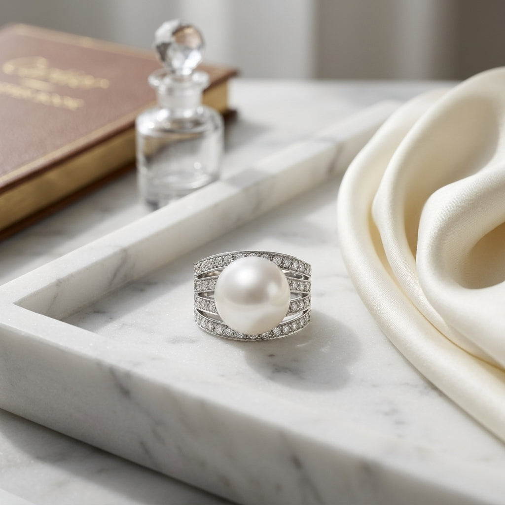 Freshwater Pearl And Diamond Ring In 18k White Gold — atelier still life