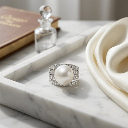 Freshwater Pearl And Diamond Ring In 18k White Gold — atelier still life