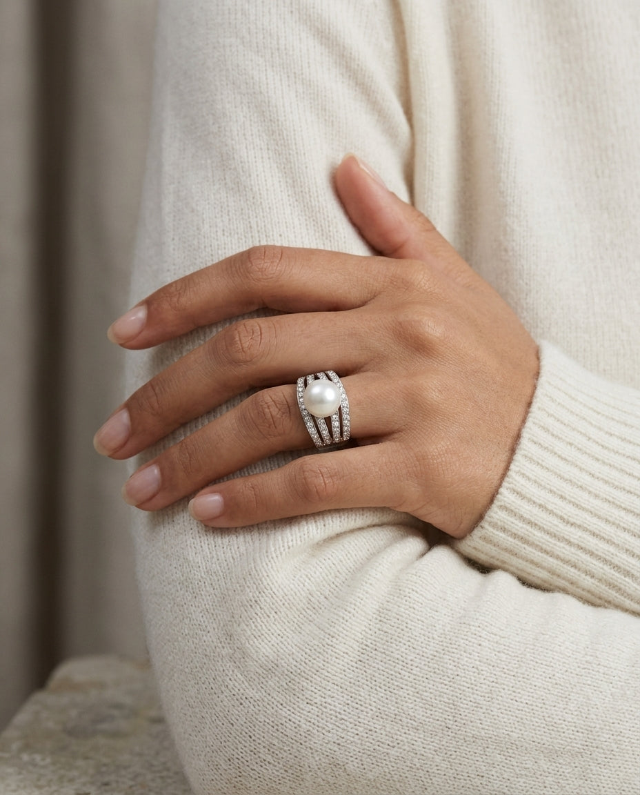 Freshwater Pearl And Diamond Ring In 18k White Gold — editorial close-up
