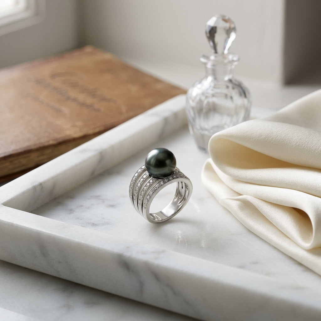 Black South Sea Pearl And Diamond Ring In 18k White Gold - (cloned) — atelier still life