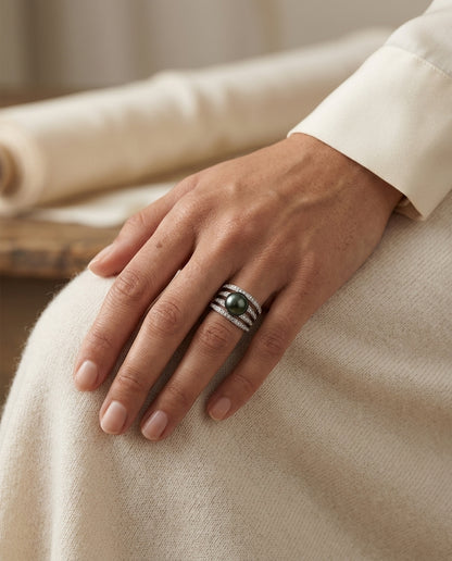 Black South Sea Pearl And Diamond Ring In 18k White Gold - (cloned) — editorial close-up