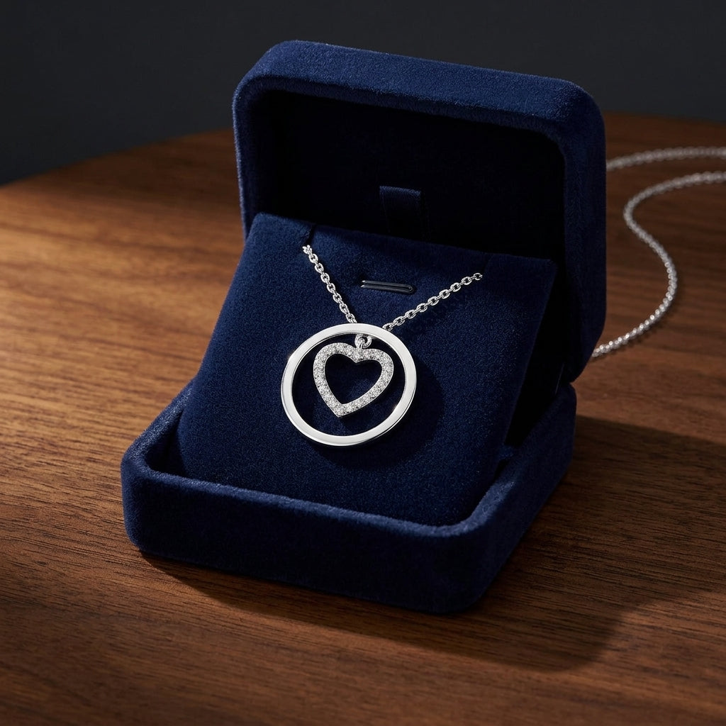 Diamond Heart In Circle Pendant In 18k White Gold 16-inch Chain — gift presentation