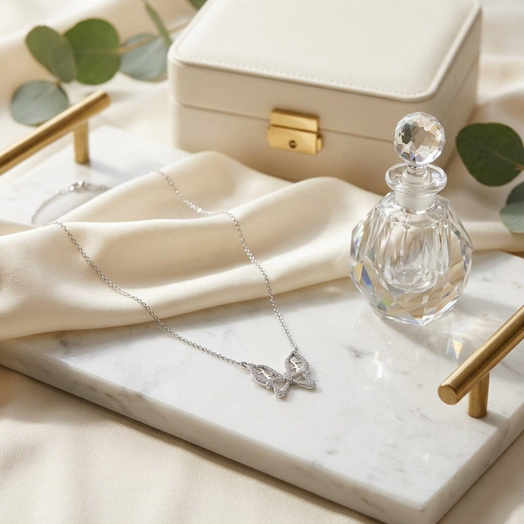 Diamond Floating Butterfly Necklace In 18k White Gold 1/10ctw 17in Cable Chain — marble silk