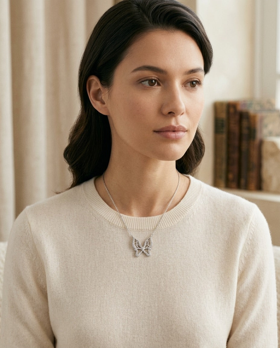 Diamond Floating Butterfly Necklace In 18k White Gold 1/10ctw 17in Cable Chain — portrait close
