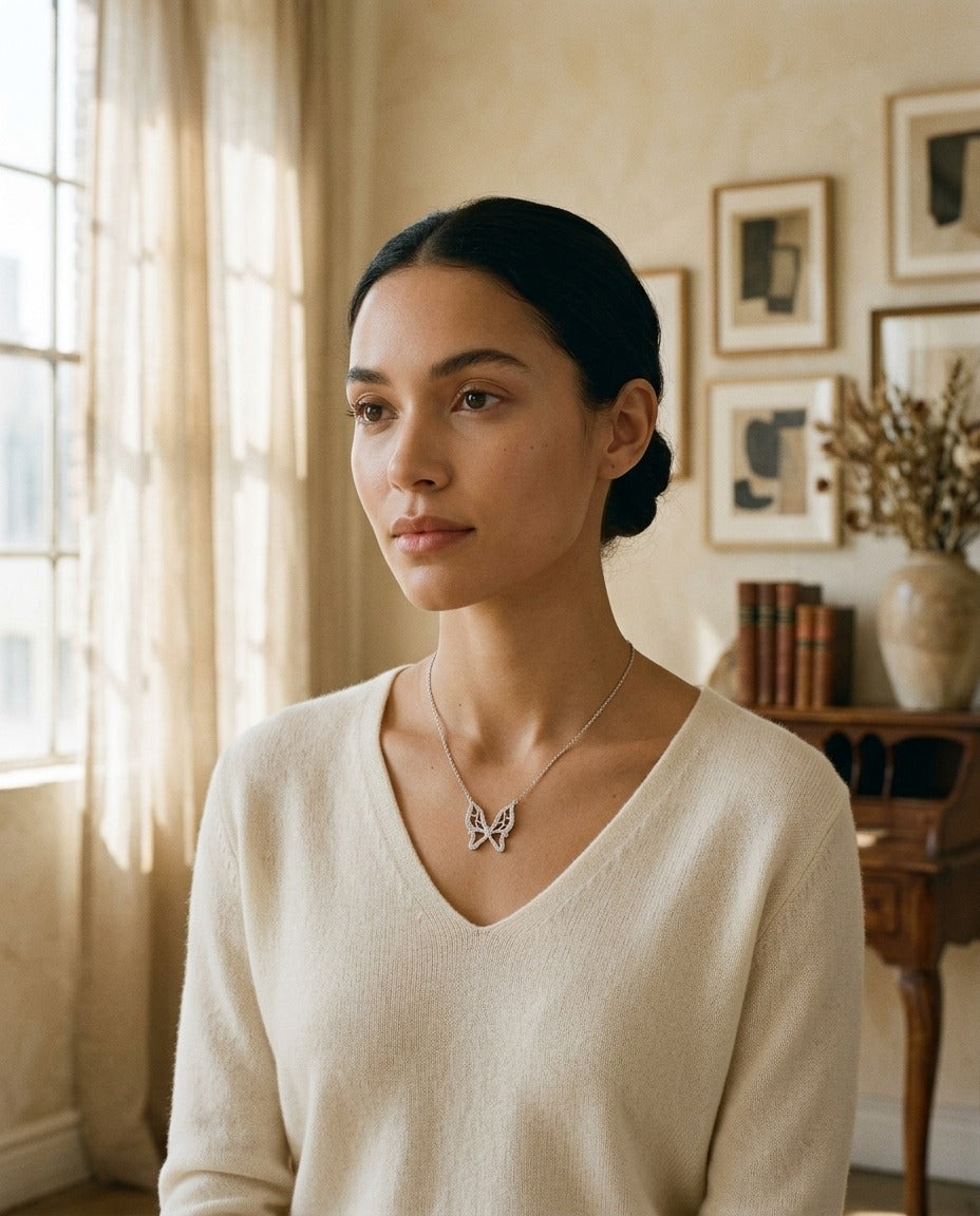 Diamond Floating Butterfly Necklace In 18k White Gold 1/10ctw 17in Cable Chain — portrait full