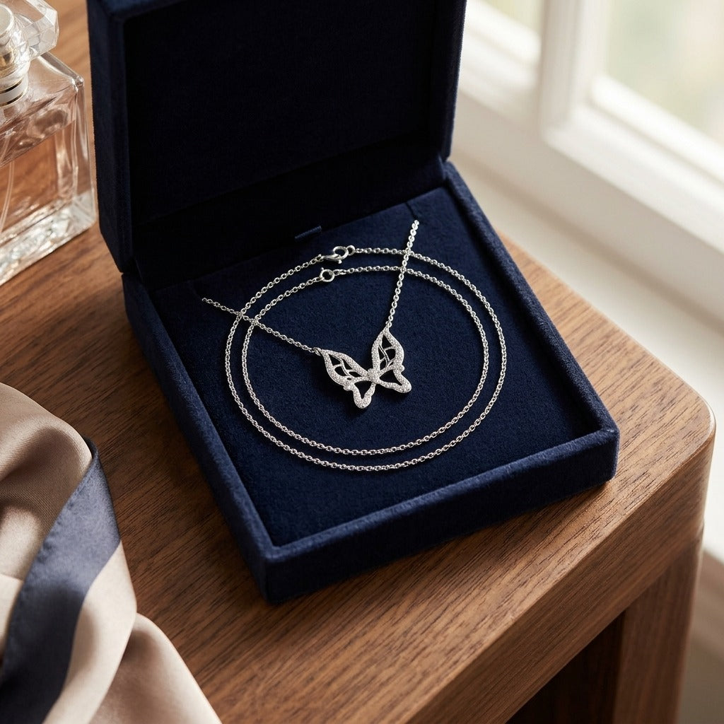 Diamond Floating Butterfly Necklace In 18k White Gold 1/10ctw 17in Cable Chain — velvet box