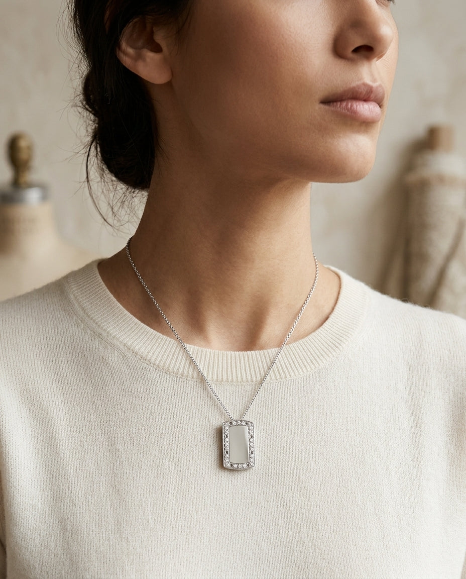 Diamond Dog Tag In 18k White Gold — editorial close-up
