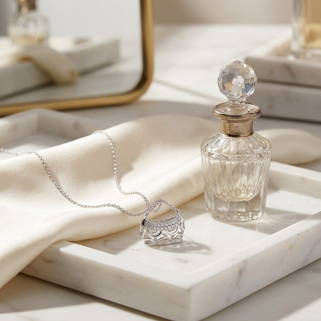 Diamond Handbag Pendant in 18k White Gold — marble silk