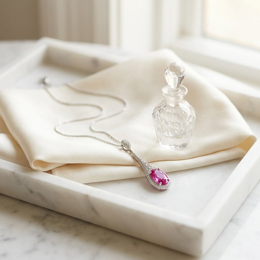 Pink Sapphire and Diamond Handmade Paddle Pendant in 18k White Gold — marble silk