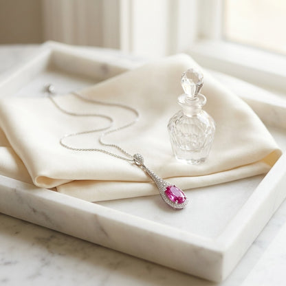 Pink Sapphire and Diamond Handmade Paddle Pendant in 18k White Gold — marble silk