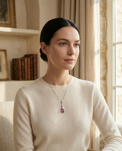 Pink Sapphire and Diamond Handmade Paddle Pendant in 18k White Gold — portrait full