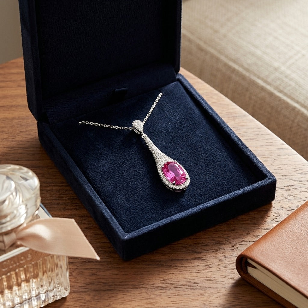 Pink Sapphire and Diamond Handmade Paddle Pendant in 18k White Gold — velvet box