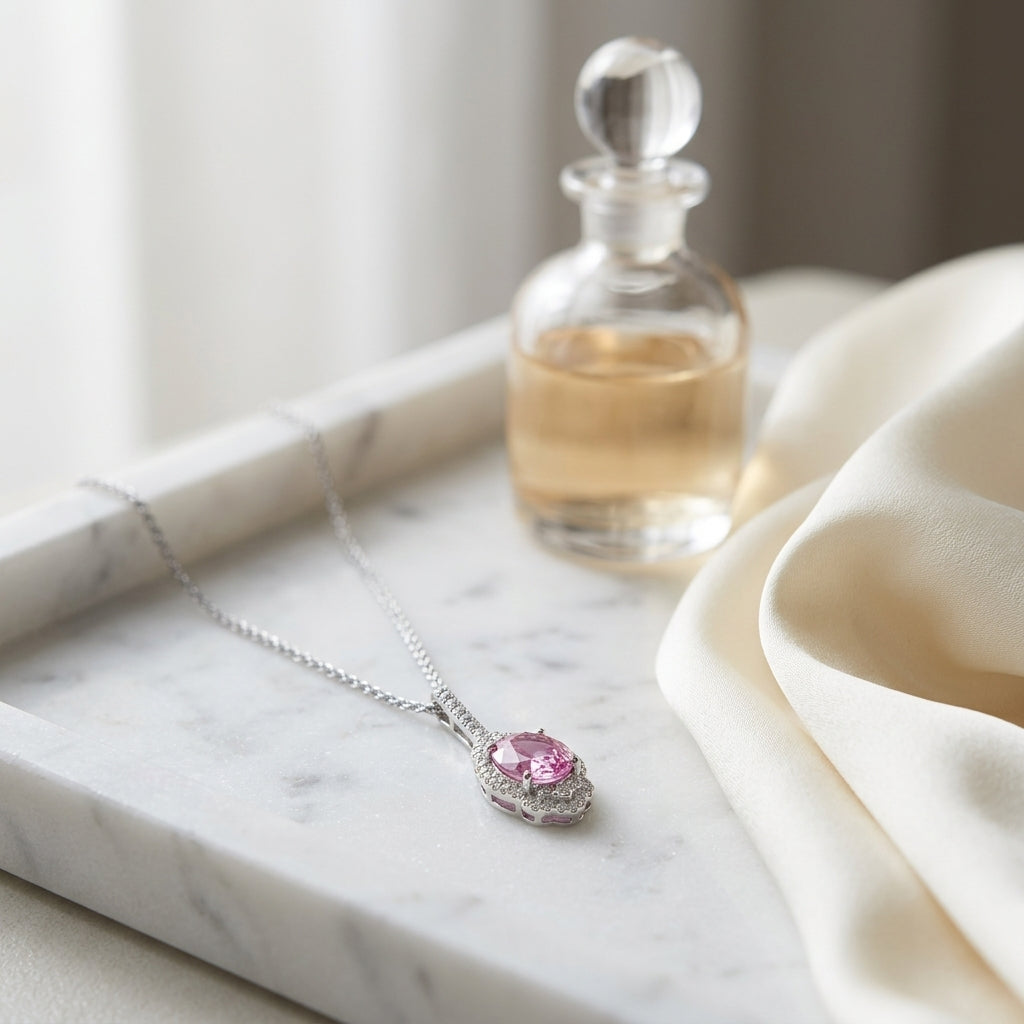Pink Sapphire And Diamond Drop Oval Pendant In 18k White Gold — atelier still life
