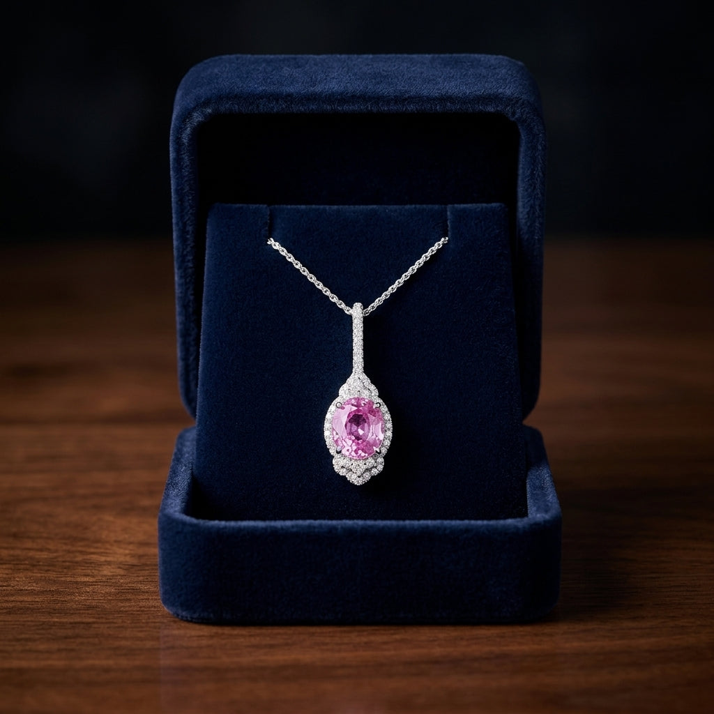 Pink Sapphire And Diamond Drop Oval Pendant In 18k White Gold — gift presentation