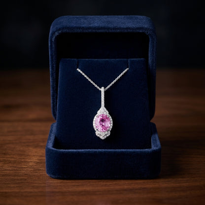 Pink Sapphire And Diamond Drop Oval Pendant In 18k White Gold — gift presentation