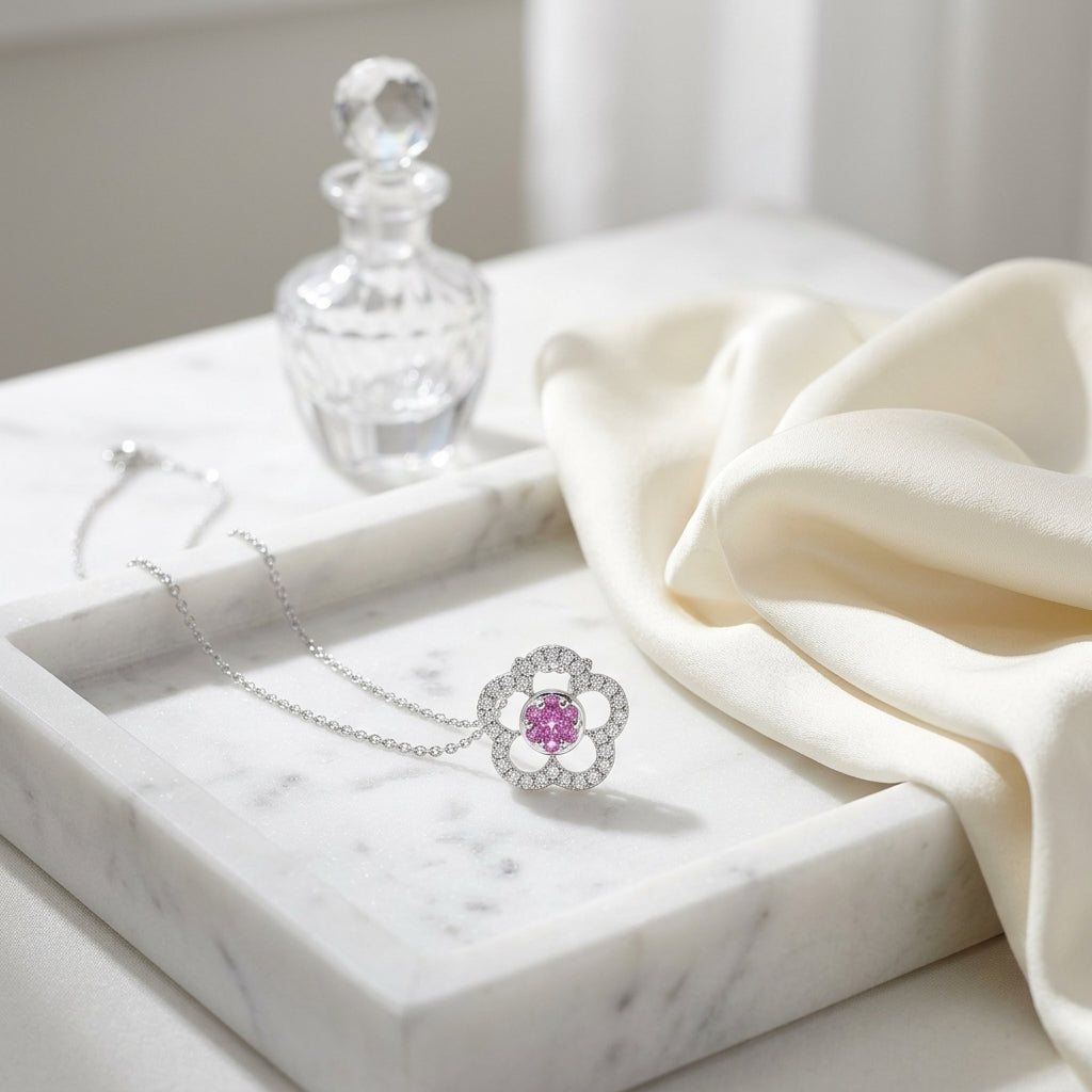 Pink Sapphire And Diamond Flower Slide Pendant In 18k White Gold — atelier still life