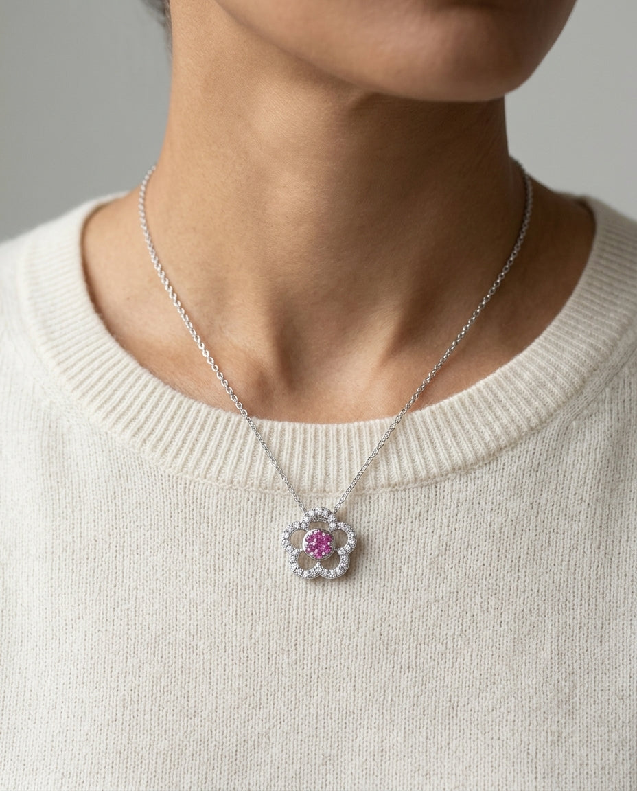 Pink Sapphire And Diamond Flower Slide Pendant In 18k White Gold — editorial close-up