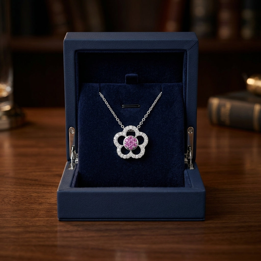Pink Sapphire And Diamond Flower Slide Pendant In 18k White Gold — gift presentation