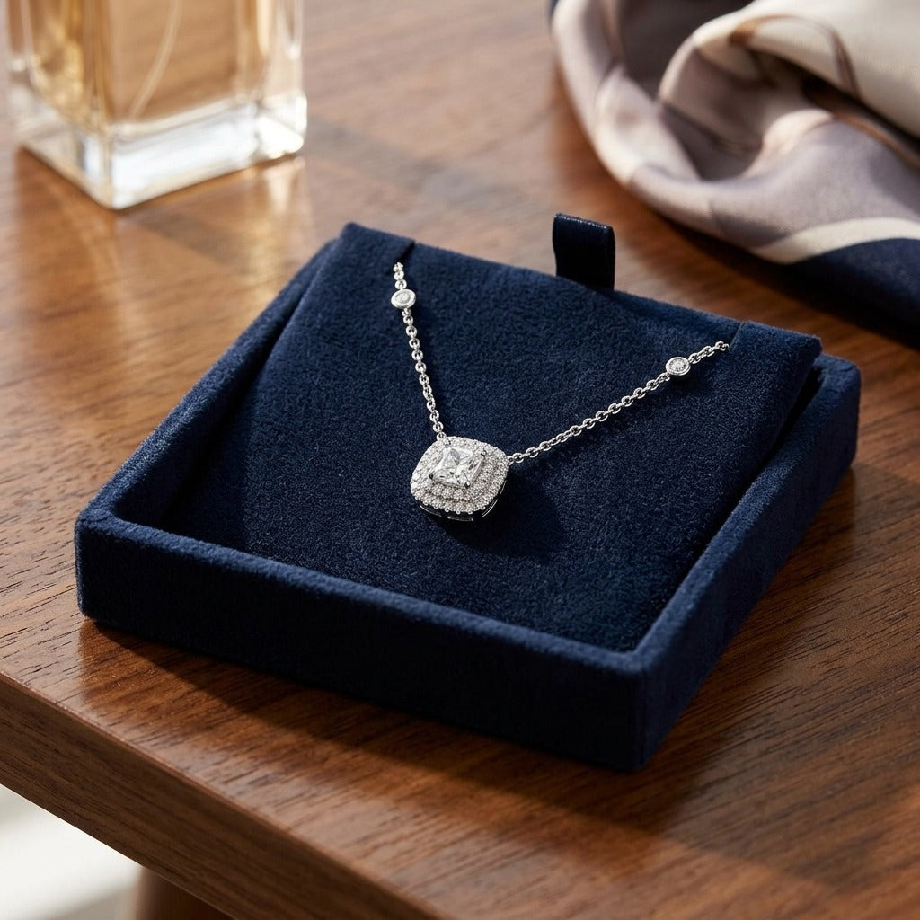 Diamond Double Entourage Cushion Cut Pendant In 18k White Gold 1.72ctw — velvet box