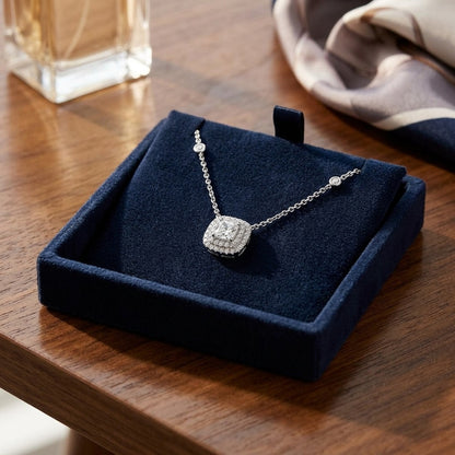 Diamond Double Entourage Cushion Cut Pendant In 18k White Gold 1.72ctw — velvet box