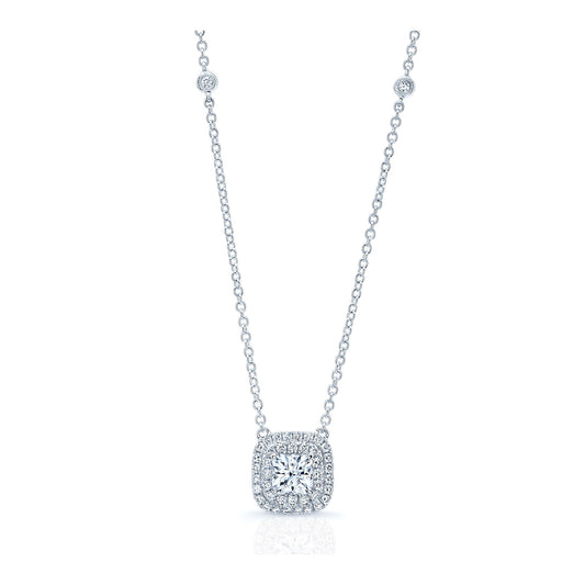 Diamond Double Entourage Cushion Cut Pendant In 18k White Gold (h&a)