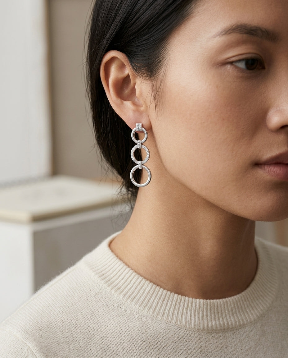 Diamond Triple Circle Dangle Earrings In 18k White Gold — editorial close-up