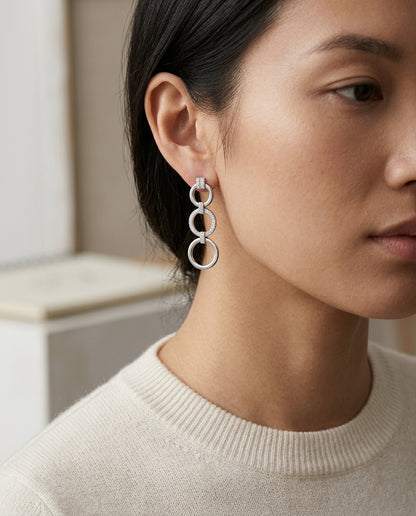 Diamond Triple Circle Dangle Earrings In 18k White Gold — editorial close-up