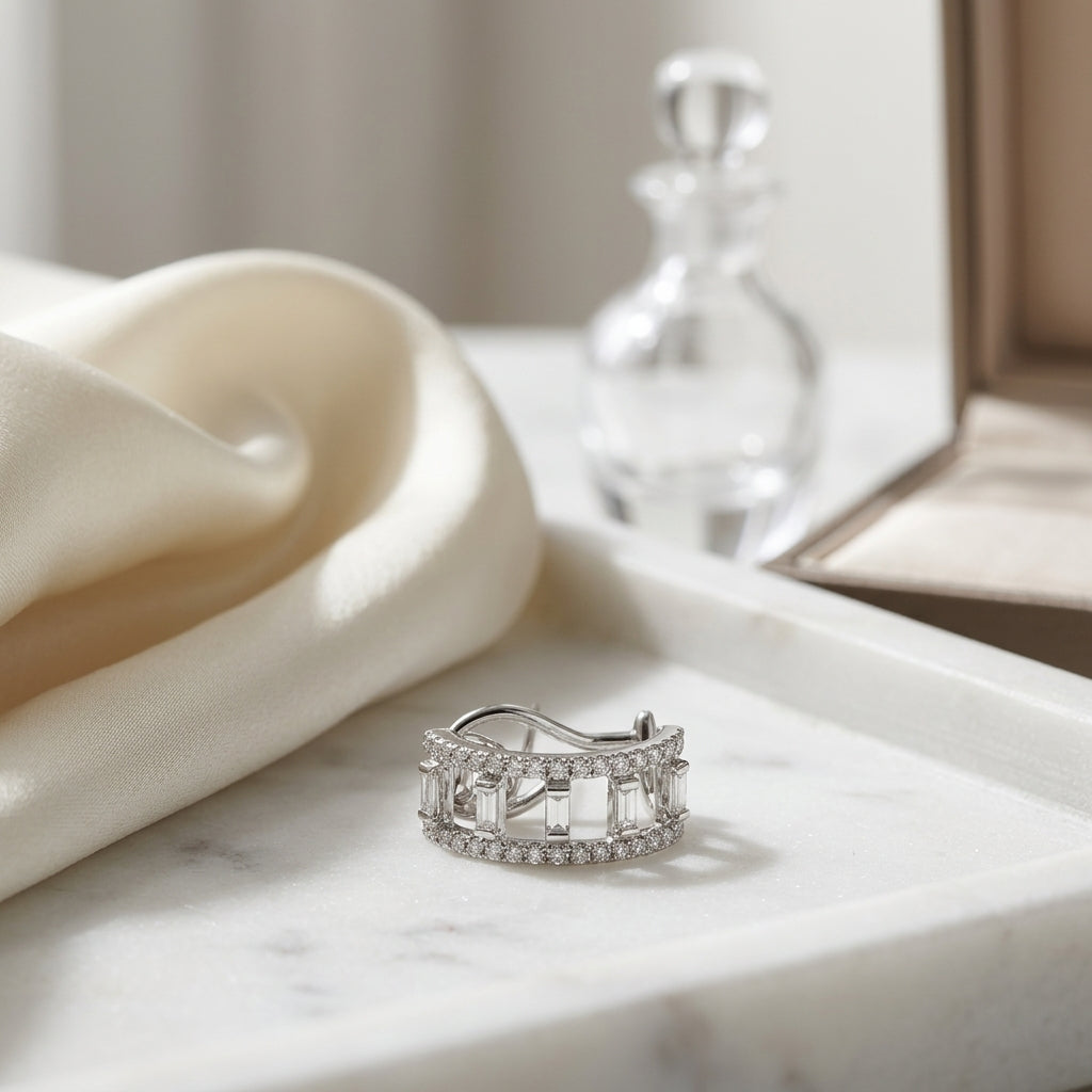 Diamond Baguette Open Step Omega Back Earrings In 18 Karat White Gold — atelier still life
