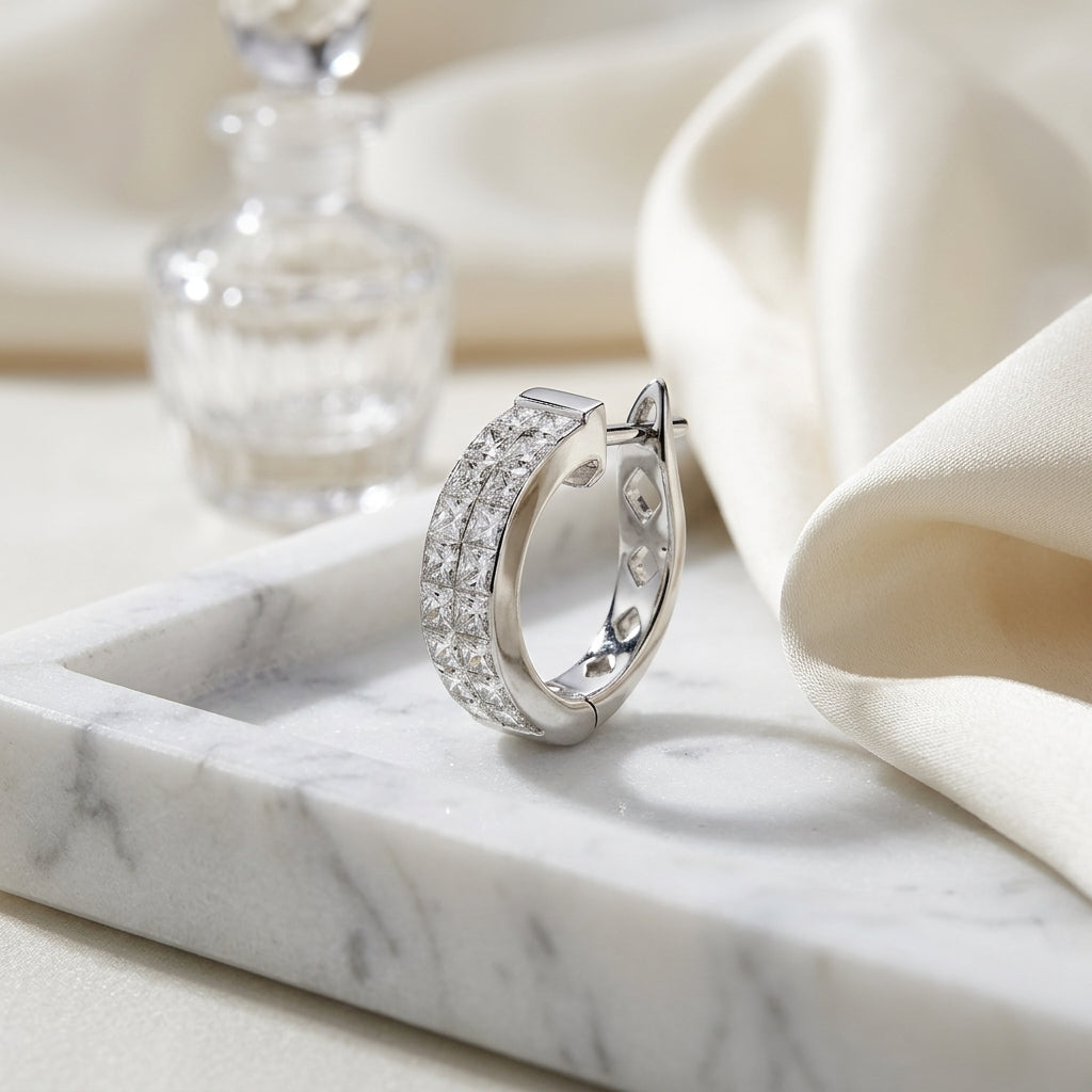 Diamond Princess Cut Invisible Set Hoop Earrings In 18k White Gold (2 Ctw) — atelier still life