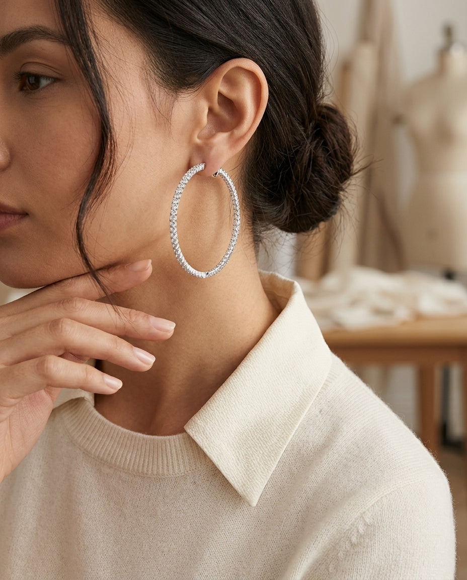 Diamond Hoop Earrings In 18k White Gold (1 1/4 Ct. Tw.) — editorial close-up