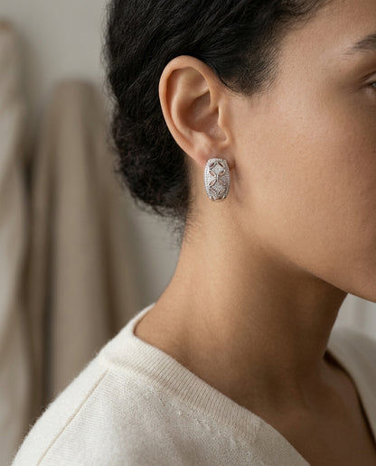 Diamond Geometric Omega Back Earrings In 18k White Gold — editorial close-up