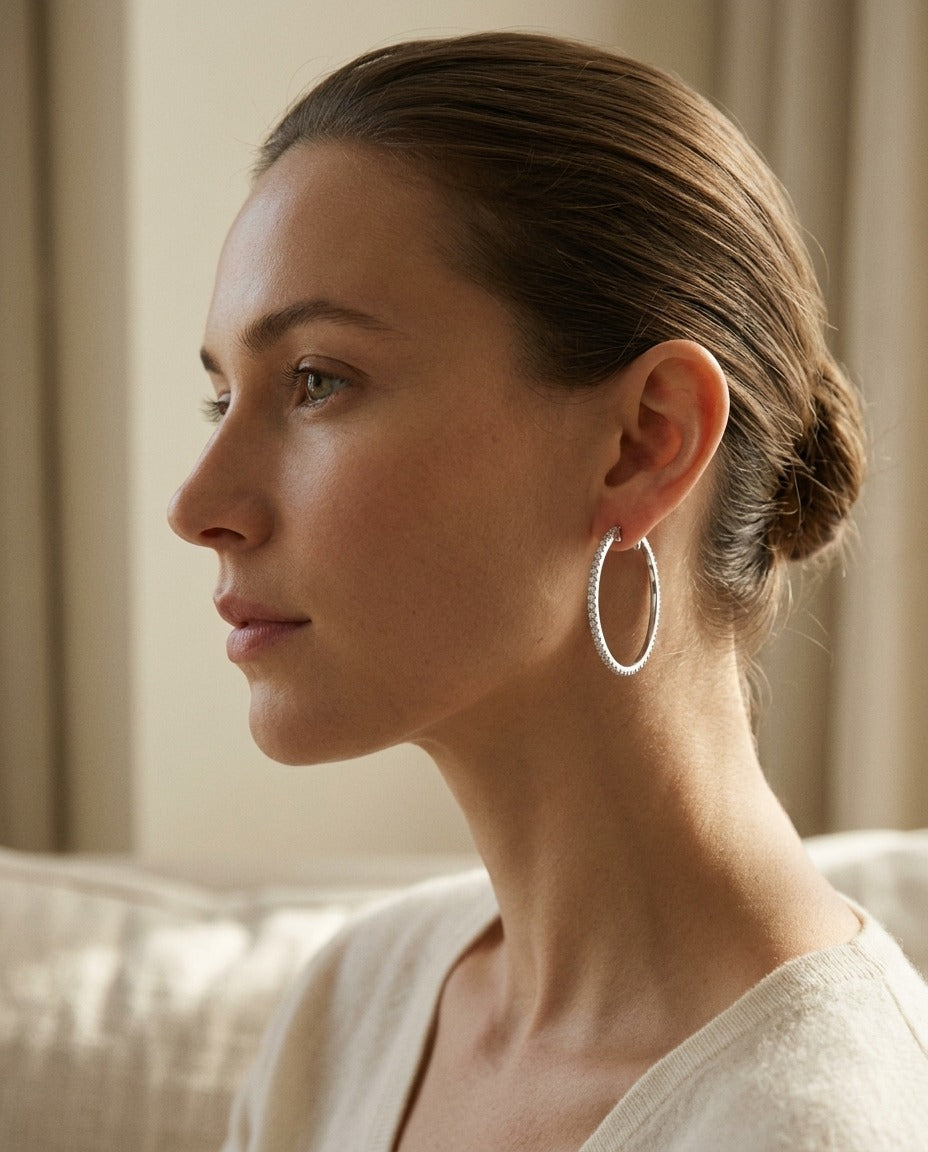 Diamond Hoop Earrings In 18k White Gold — portrait close