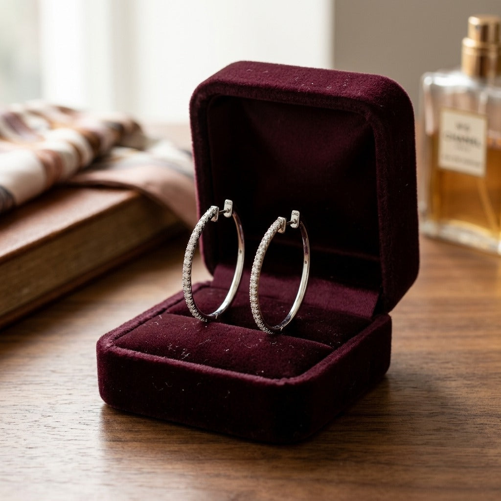Diamond Hoop Earrings In 18k White Gold — velvet box