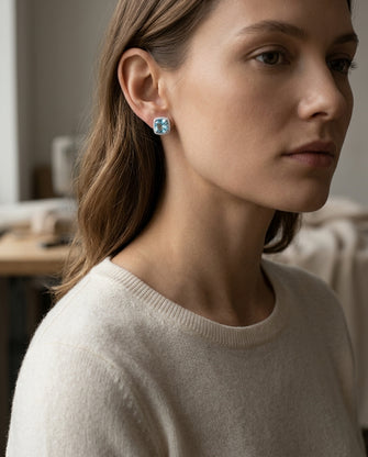Aquamarine Cushion And Diamond Earrings In 18k White Gold — editorial close-up