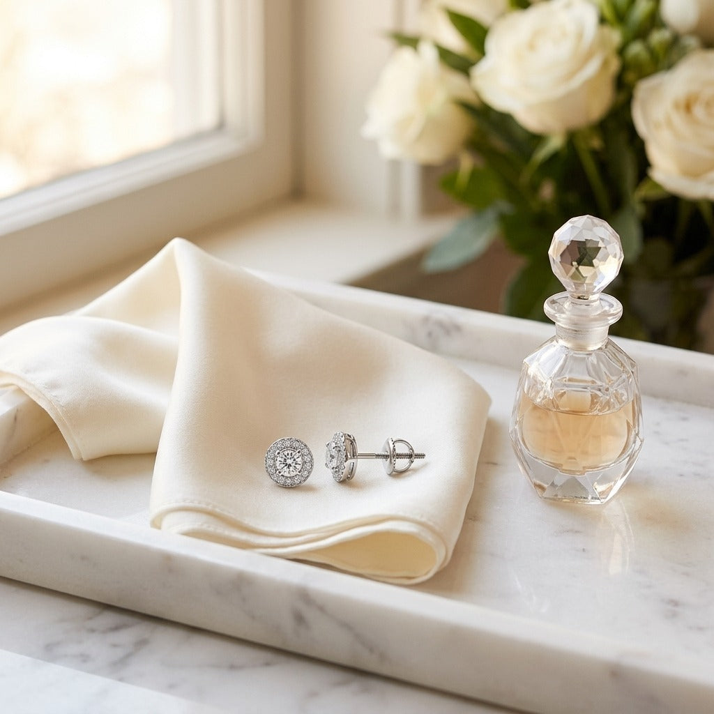 Pave Diamond Halo Stud Earringss In 14k White Gold (1/2 Ct.tw.) — marble silk