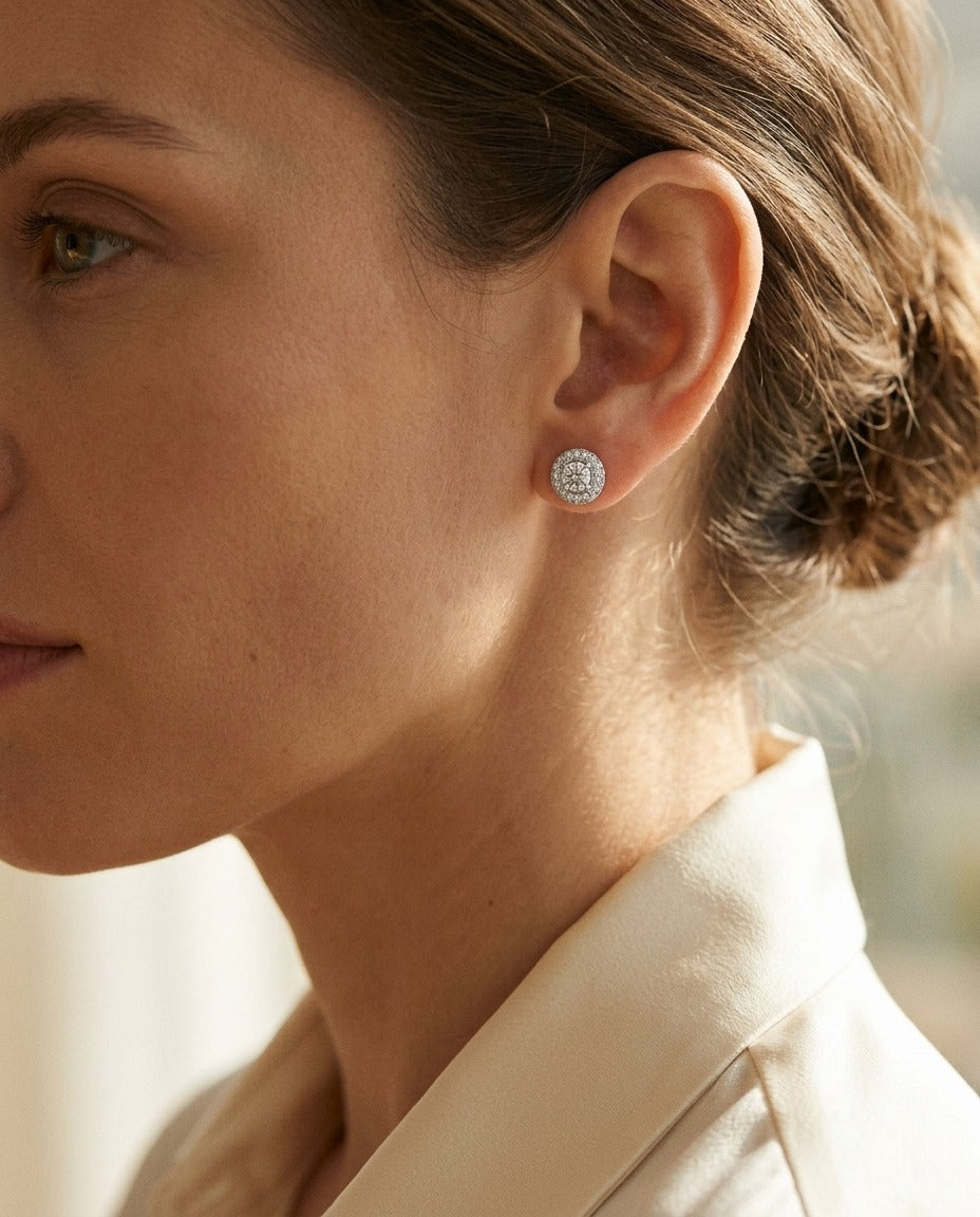 Pave Diamond Halo Stud Earringss In 14k White Gold (1/2 Ct.tw.) — portrait close
