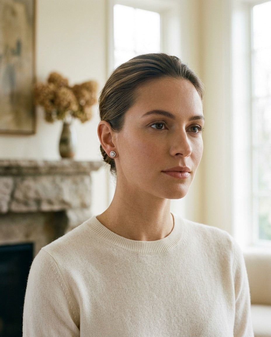 Pave Diamond Halo Stud Earringss In 14k White Gold (1/2 Ct.tw.) — portrait full