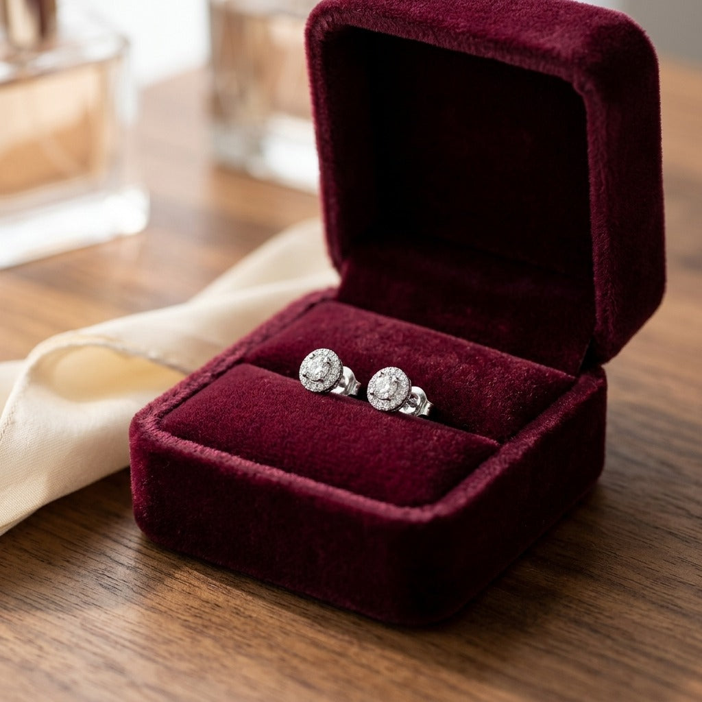 Pave Diamond Halo Stud Earringss In 14k White Gold (1/2 Ct.tw.) — velvet box