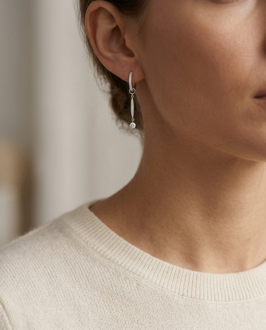 Hoop/ Drop 0.65ct Diamonds Earrings Set In 18k White Gold — editorial close-up