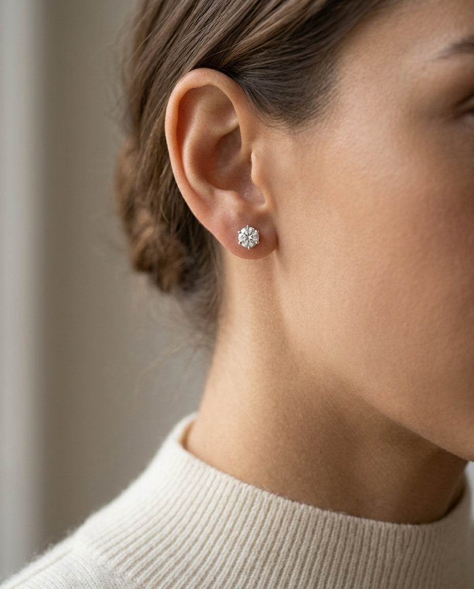 Diamond Round 6-prong Stud Earrings In 18k White Gold (0.40ctw Si) — editorial close-up