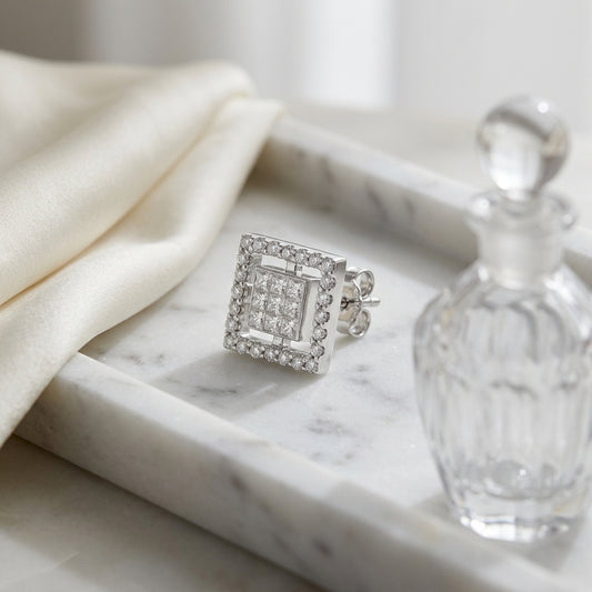 18k White Gold 0.71 Ctw Round And Princess Cut Stud Earrings — atelier still life