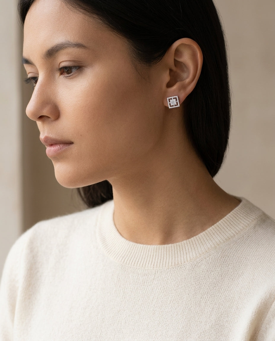 18k White Gold 0.71 Ctw Round And Princess Cut Stud Earrings — editorial close-up
