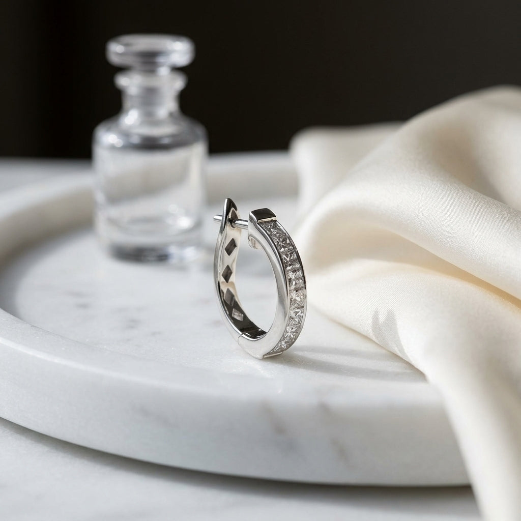 Diamond Princess Cut Hindged Back Channel Hoop Earrings In 18k White Gold (1.5 Ctw) — atelier still life